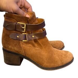 SARTO by Franco Sarto Linden Suede Brown Buckle Ankle Boots Heel Side Zip Size 9